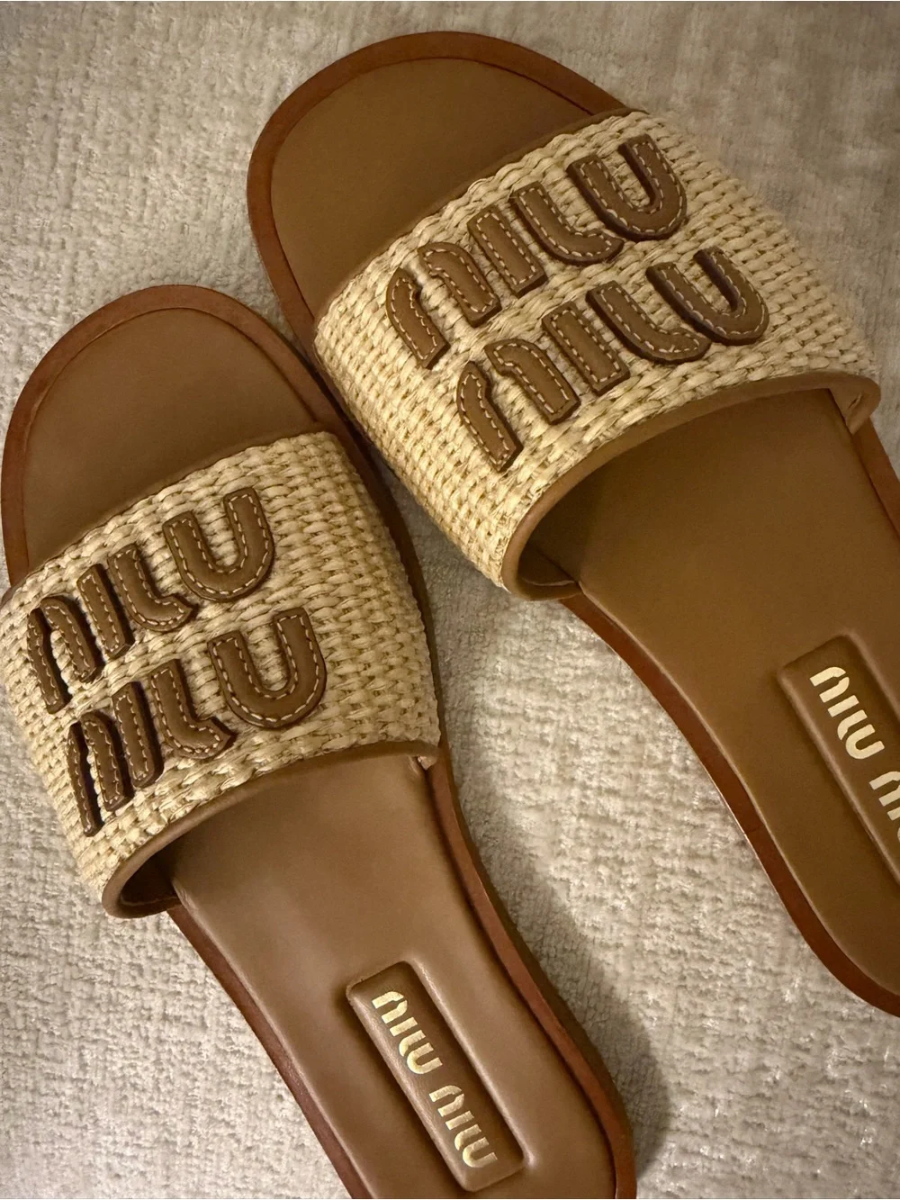 Miu Miu Woven Raffia Logo Slide Sandals in Natural and Tan - Picture 5 of 8